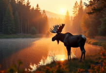 Cerf majestueux au bord d'un lac au lever du soleil
