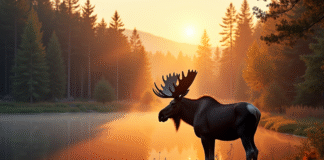 Cerf majestueux au bord d'un lac au lever du soleil