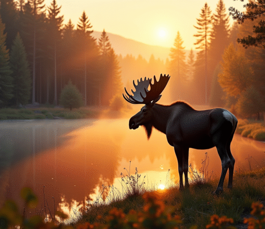 Cerf majestueux au bord d'un lac au lever du soleil