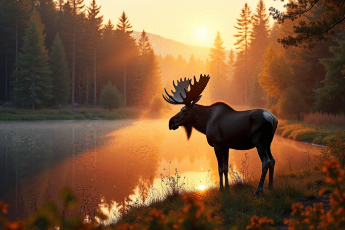Cerf majestueux au bord d'un lac au lever du soleil