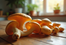 Champignons chanterelle frais sur une table en bois
