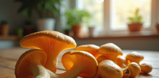 Champignons chanterelle frais sur une table en bois