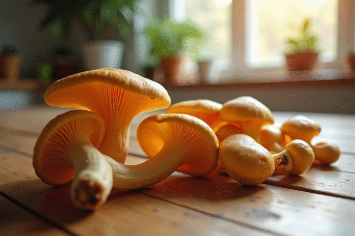 Champignons chanterelle frais sur une table en bois
