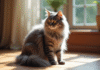 Chat angora gris assis sur le sol en bois en lumière naturelle