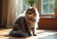 Chat angora gris assis sur le sol en bois en lumière naturelle