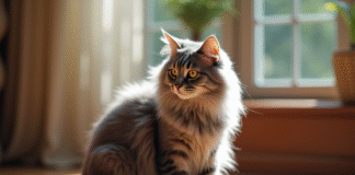 Chat angora gris assis sur le sol en bois en lumière naturelle