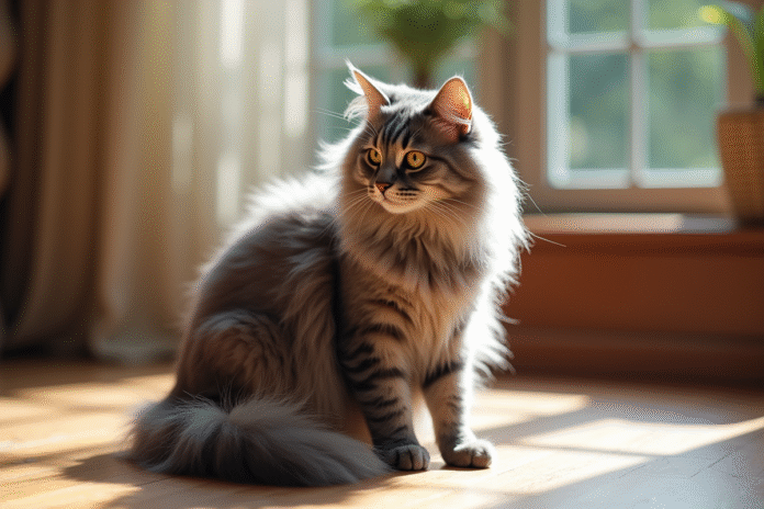 Chat angora gris assis sur le sol en bois en lumière naturelle