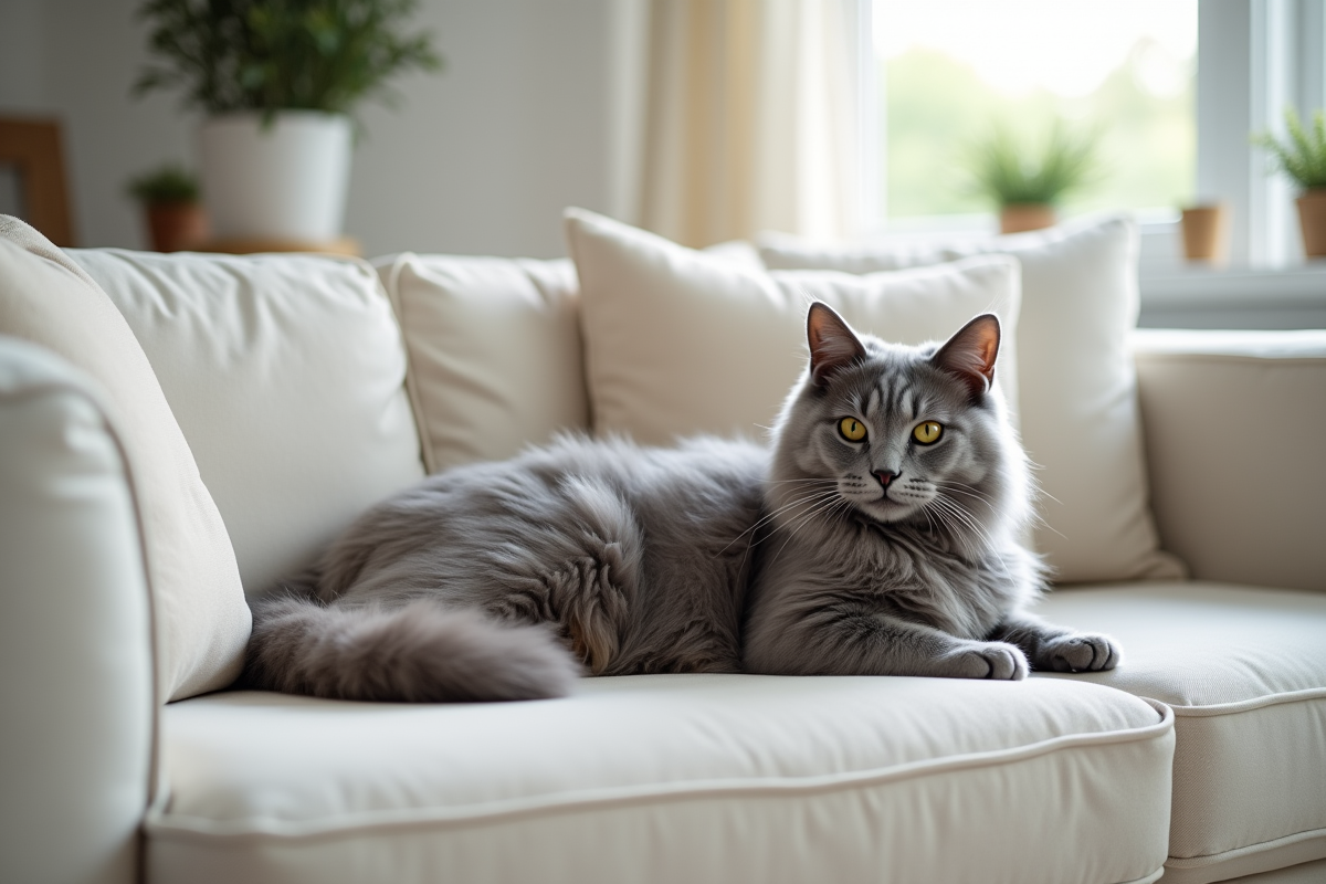 Chat angora gris allongé sur un canapé blanc dans un salon lumineux