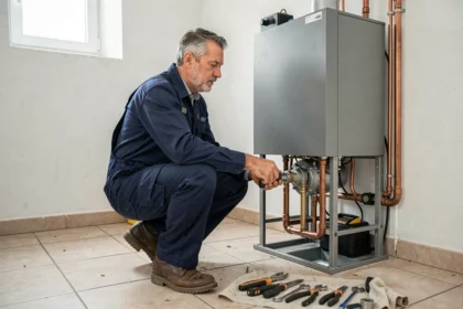 Chauffagiste professionnel inspectant une chaudière à condensation dans une maison de Meurthe-et-Moselle