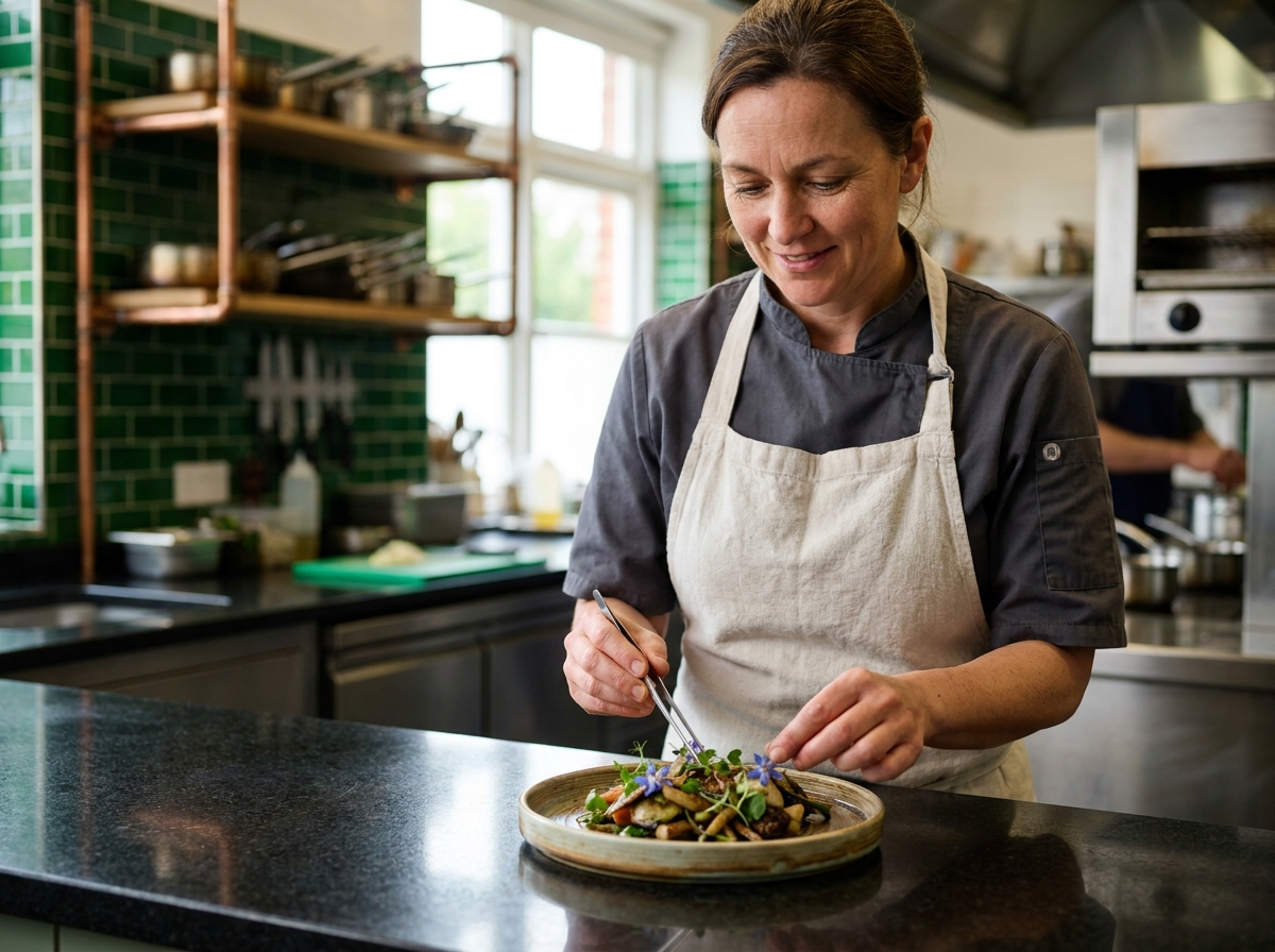 Cheffe cuisinière dressant une assiette gastronomique avec des microgreens et des fleurs comestibles dans une cuisine ouverte tendance aux carreaux verts émaillés