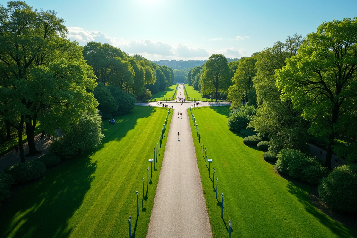 Sentier longeant un parc verdoyant en plein jour