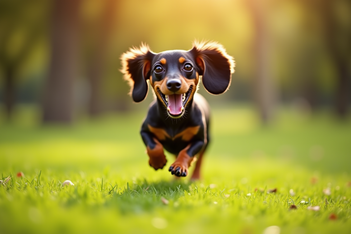Chien miniature dachshund courant dans un parc en plein soleil