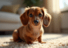 Chien miniature dachshund assis sur tapis dans salon lumineux