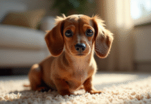 Chien miniature dachshund assis sur tapis dans salon lumineux