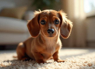 Chien miniature dachshund assis sur tapis dans salon lumineux