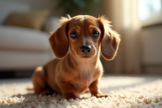 Chien miniature dachshund assis sur tapis dans salon lumineux