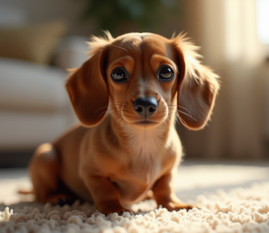Chien miniature dachshund assis sur tapis dans salon lumineux