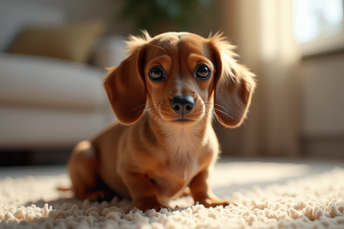 Chien miniature dachshund assis sur tapis dans salon lumineux