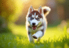 Chiot husky joueur dans un jardin ensoleille