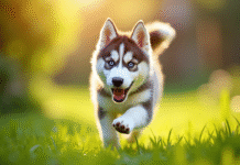 Chiot husky joueur dans un jardin ensoleille