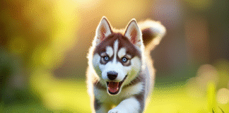 Chiot husky joueur dans un jardin ensoleille