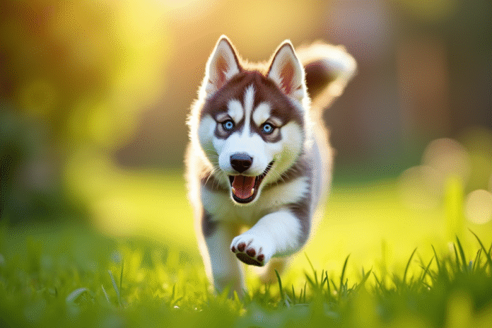 Chiot husky joueur dans un jardin ensoleille