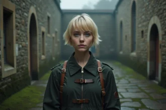 Jeune femme blonde aux yeux clairs en uniforme militaire sombre dans une cour en pierre brumeuse, évoquant le personnage de Christa dans L'Attaque des Titans