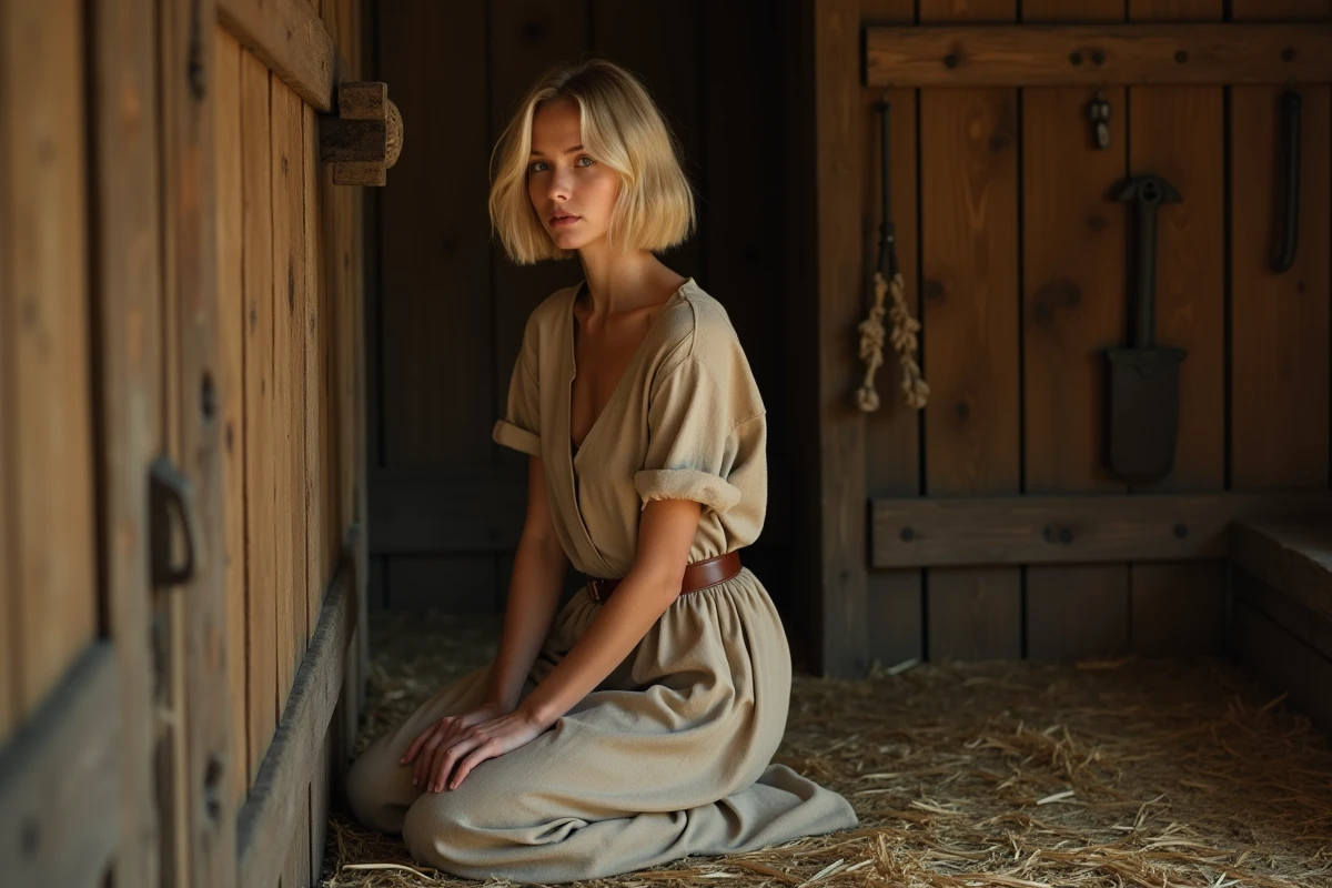 Femme blonde agenouillée dans une caserne médiévale en bois, posture contemplative rappelant la vie et le parcours de Christa dans l'univers de L'Attaque des Titans