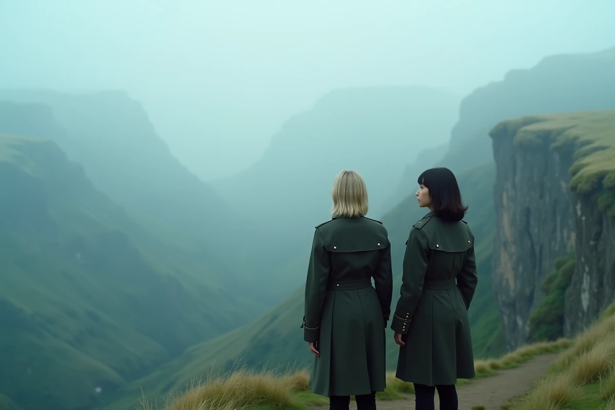 Deux jeunes femmes en manteaux militaires sombres sur une falaise herbeuse dominant une vallée brumeuse, scène symbolisant l'amitié et la chronologie narrative de Christa dans L'Attaque des Titans