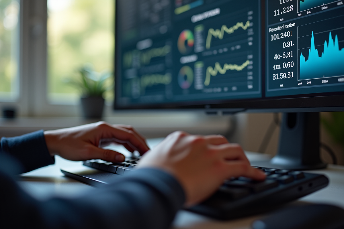 Mains tapant sur clavier mécanique avec écran de statistiques