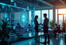 Professionnels collaborant autour d un écran blockchain lumineux