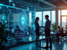 Professionnels collaborant autour d un écran blockchain lumineux