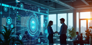 Professionnels collaborant autour d un écran blockchain lumineux