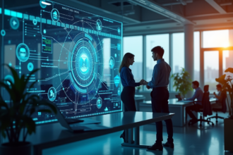Professionnels collaborant autour d un écran blockchain lumineux