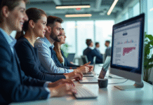 Employes Air France collaborant autour d'un bureau moderne