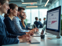 Employes Air France collaborant autour d'un bureau moderne