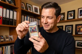 Collectionneur adulte tenant une carte Méga Évolution flamme fantasmagorique gradée dans une pièce dédiée aux cartes à collectionner