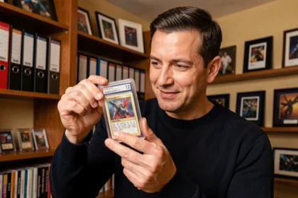Collectionneur adulte tenant une carte Méga Évolution flamme fantasmagorique gradée dans une pièce dédiée aux cartes à collectionner