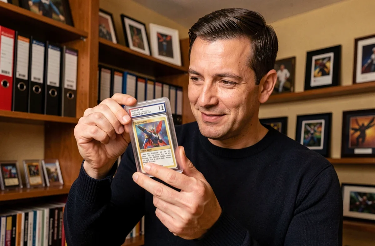 Collectionneur adulte tenant une carte Méga Évolution flamme fantasmagorique gradée dans une pièce dédiée aux cartes à collectionner