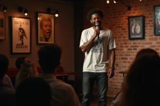 Jeune comedien noir en pleine scène de stand-up
