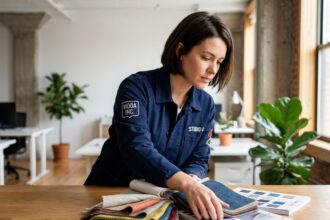 Femme comparant des échantillons de tissus et catalogues fournisseurs de vêtements de travail dans un bureau moderne