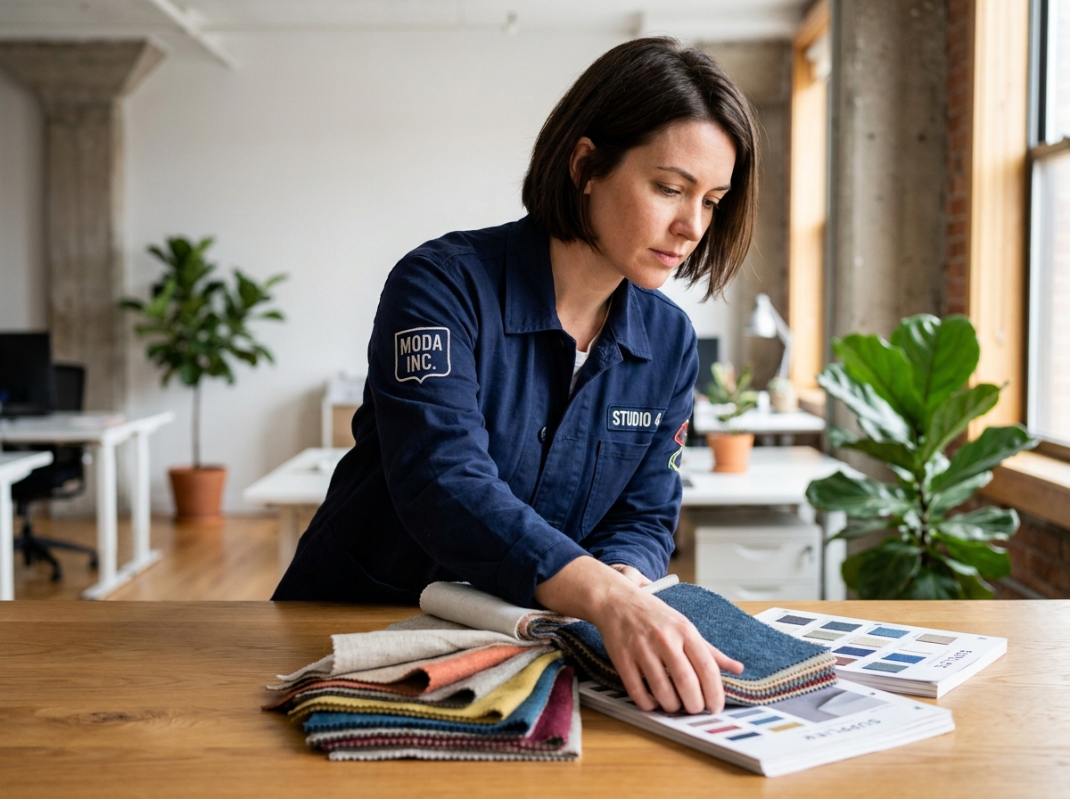 Femme comparant des échantillons de tissus et catalogues fournisseurs de vêtements de travail dans un bureau moderne