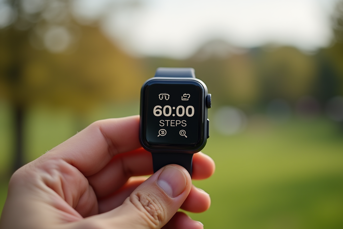 Montre connectee affichant 6000 pas dans un parc
