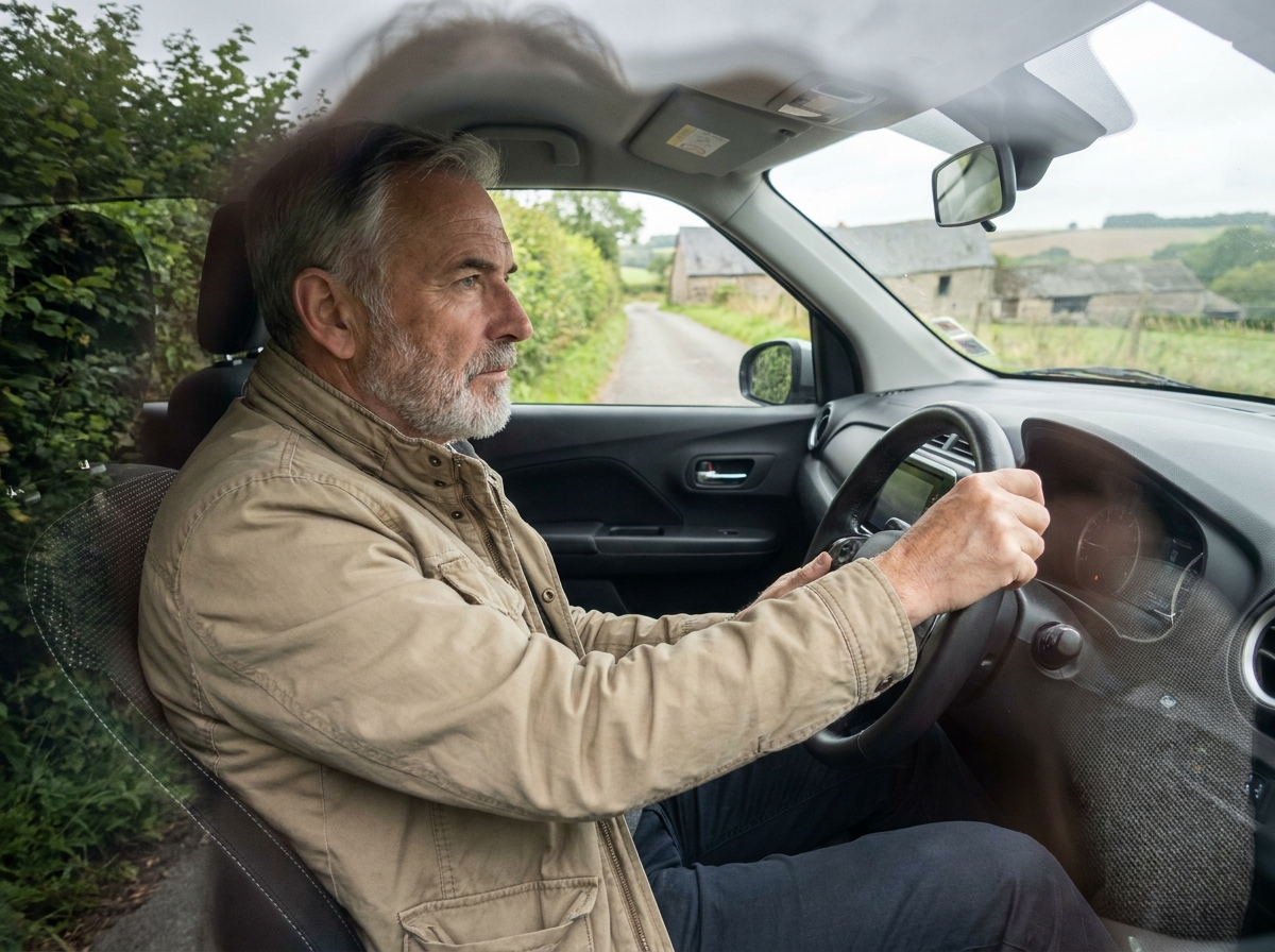 Conducteur senior de 68 ans au volant d'une voiture sur une route de campagne normande