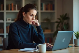 Femme consultant les paramètres de confidentialité sur son ordinateur portable dans un bureau à domicile