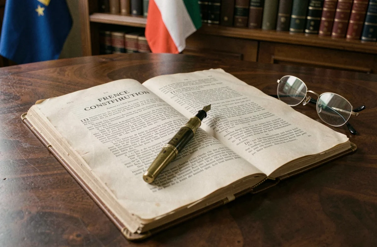 Constitution française ouverte sur un bureau en bois avec un stylo plume et des lunettes, symbolisant les articles constitutionnels 16 et 49.3 et leur différence juridique