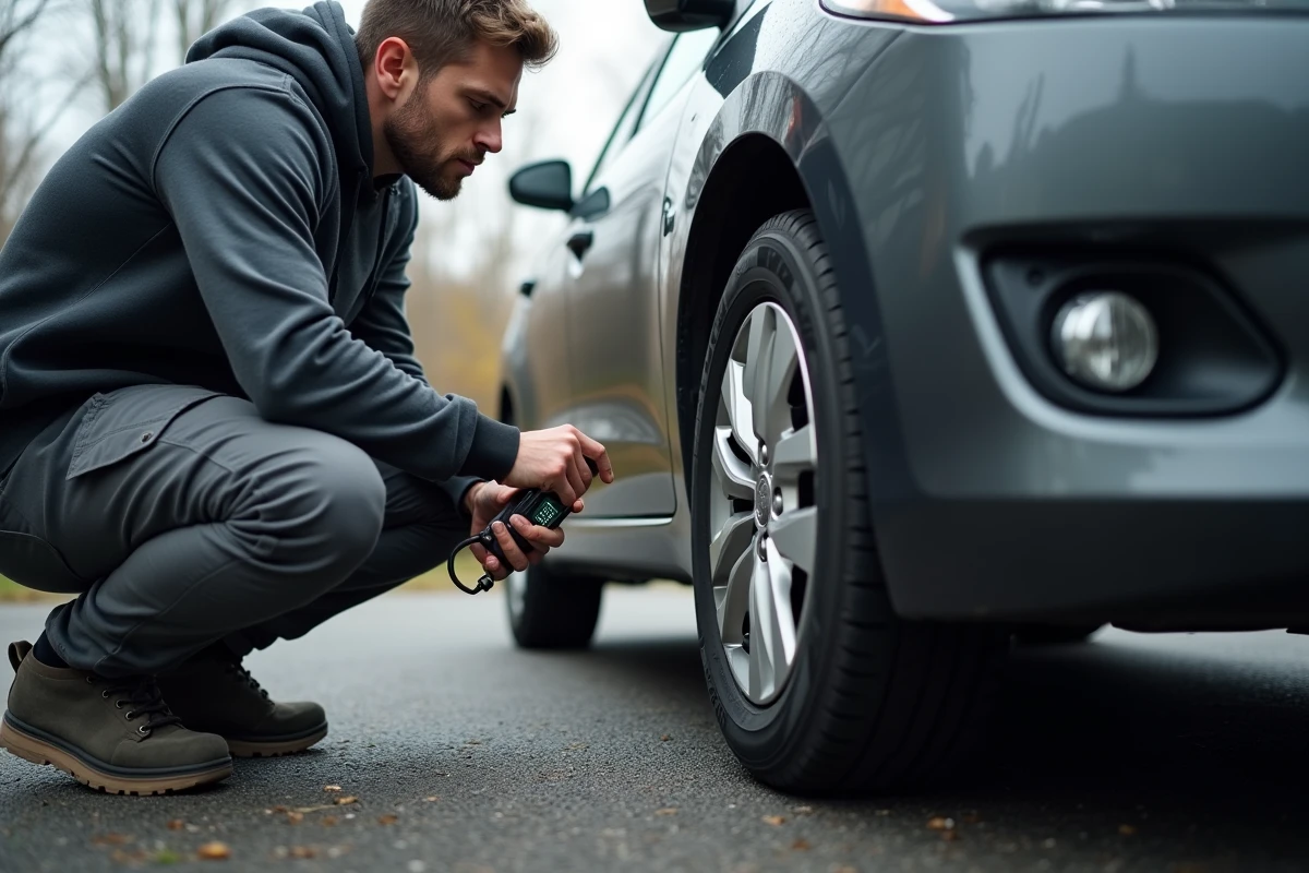 Homme contrôlant la pression des pneus de sa voiture avec un gonfleur numérique affichant psi et bar dans une allée pavillonnaire