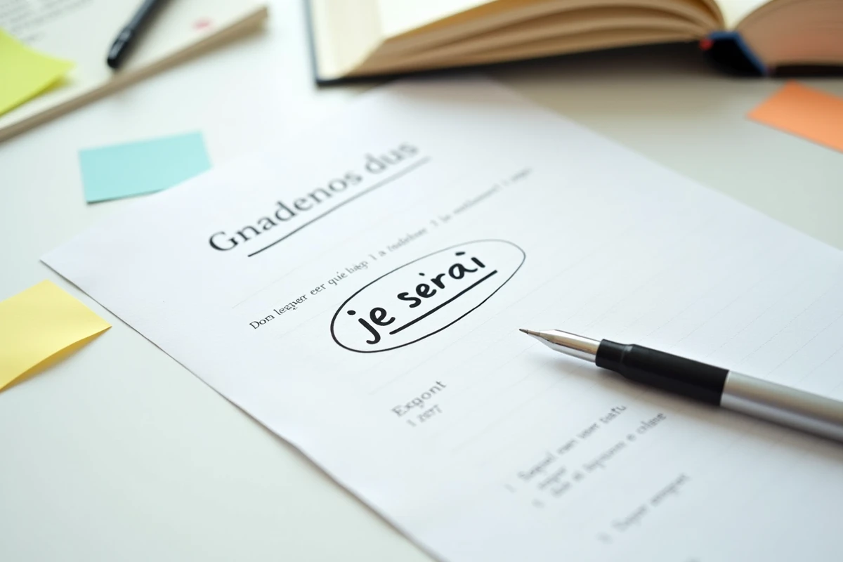 Gros plan d'une lettre de motivation en français avec une correction manuscrite entourant le mot 'je serai', stylo posé sur le papier
