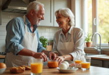 Couple mature rient en préparant le petit déjeuner dans une cuisine lumineuse