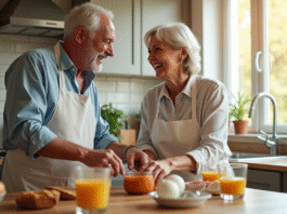 Couple mature rient en préparant le petit déjeuner dans une cuisine lumineuse